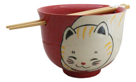 Red Cute Chubby Kitty Cat Ceramic Donburi Ramen Bowl With Chopsticks Set - $18.99