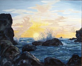Pacific Ocean Beach Sunset Seascape Original Oil Painting By Irene Liver... - £620.27 GBP