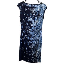 Chaps Dress Medium Blue White Floral Polyester Elastane Rouching Knee Le... - $17.09