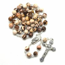 Catholic Antiques Vintage Bead Zebra Stone Cross Crucifix Holy Necklace Pewter - £15.72 GBP