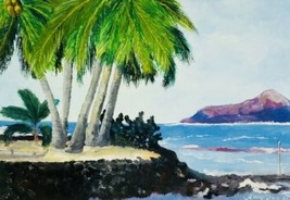 Vintage Art Painting Tropical Seascape Ocean Palms 11x14 Canvas Unframed Signed - £36.93 GBP