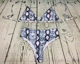 Womens Strap Snakeskin Print Bathing Suit V Neck High Waist Bikini Set - $20.19