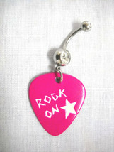 New Pink Rock On Text &amp; Star Guitar Pick Dangling On Clear Cz Belly Button Ring - £6.37 GBP
