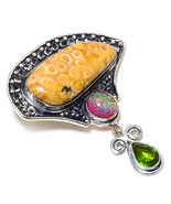 Fossil&quot;Coral And Peridot Gemstone Handmade Ethnic Jewelry Pendant 2.32&quot;  - $11.99