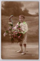 French Real Photo Adorable Boy With Basket of Flowers RPPC  Postcard C44 - £4.64 GBP