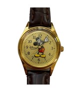 Disney Time Works Watch Vintage 3D Mickey Mouse Gold Tone Brown Leather ... - $39.15