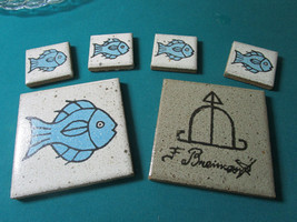 Brazilian Studio Pottery 6 Cement Tiles Fishes 4&quot; And 8 &quot; - £114.74 GBP