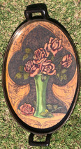 Antique 1860s Tray Wood Carved Pyrography Glass Top Romantic Spade Roses Vase  - £223.93 GBP