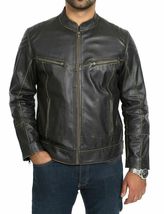 Classic men&#39;s lamb leather real leather jacket biker motorcycle slim fit black c - £142.35 GBP