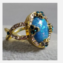 GOLD BLUE OPALESCENT GEM RHINESTONE COCKTAIL RING SIZE 6 7 8 9 10 - £31.59 GBP