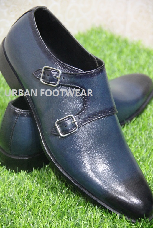 New Mens Handmade Shoes Blue Leather Shaded Double Monk Dress & Casual Wear Boot