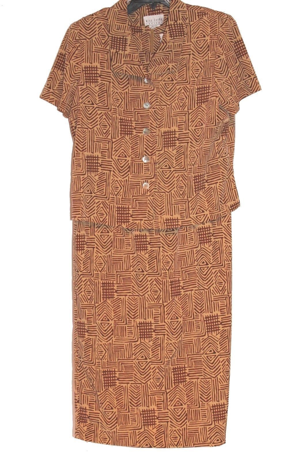 Primary image for Miss Dorby Petites Career Blouse Skirt Dress Set Brown Geometric Designs 12P 12 