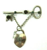 Vintage chrome Key &amp; Heart-shape lock brooch pin amythest/aquamarine colors 2&quot; - $34.64