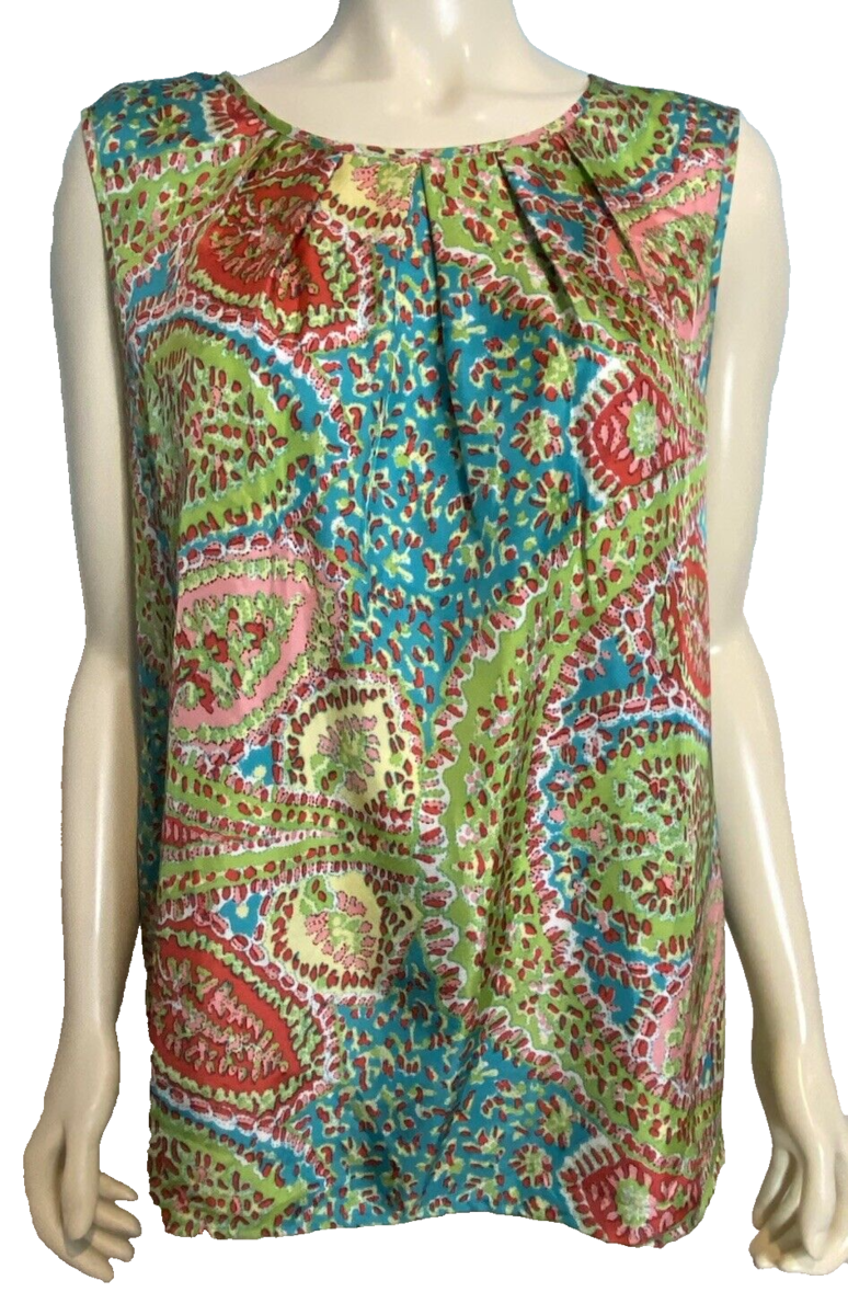 Talbots Green, Blue, Orange Print Sleeveless Pleated Neck Top Size 20 - $18.99