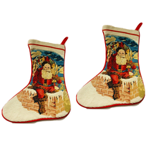 2 Needlepoint Christmas Stocking Wool Santa Claus Chimney Red Lined 90s Vintage - £21.21 GBP