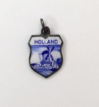 Vintage 835 Silver Enamel Holland Travel Shield Charm Blue White Windmill &amp; Boat - £15.96 GBP