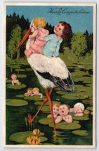 Stork With Babies Lily Pad Pond Postcard B44 - £5.54 GBP
