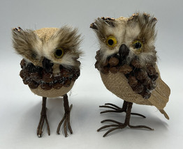 Pair of Pier 1 Owls Pinecones  Sticks  Twigs Feathers  Figures Decor 6” Rustic - £11.75 GBP