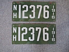 New Hampshire set of 2 1916 porcelain enamel license plates 12376 green resident - £140.19 GBP