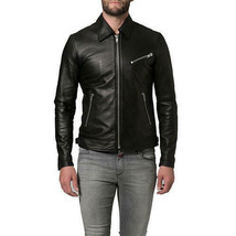 Mens Stylish Biker Black Real Lambskin Leather Jacket With Collar Slim F... - €116,75 EUR