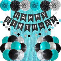 Black Teal Blue And Silver Happy Birthday Party Decorations Turquoise Aqua Ballo - £22.37 GBP