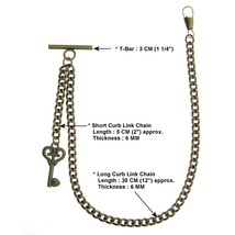 Albert Chain Pocket Watch Chain Bronze Fob Chain with Key Design Fob T Bar AC16 - £14.34 GBP+
