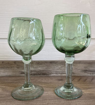 2 Pale Green Forced Bubble Hand Blown Water Wine Glasses Round Cup Bevel... - £17.57 GBP