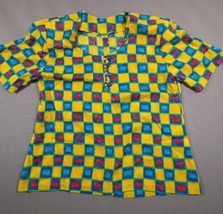 Vintage Colorful Checked Blouse Top M Yellow Blue Short Sleeve Geometric  - £24.88 GBP