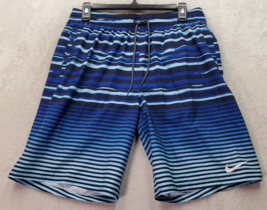 Nike Swim Trunks Shorts Men Medium Blue Stripe Lined Swoosh Logo Drawstring - £11.82 GBP