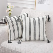 Boho Throw Pillow Cover, Decorative Woven Farmhouse 18x18&quot; Black and Off White - £11.68 GBP