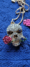 New Betsey Johnson Necklace Skull White Rhinestone Rose Death Collectible Nice - £11.85 GBP