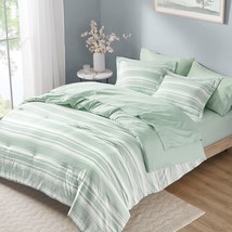 Codi Queen Comforter Set 7 Piece, Sage Green White Striped Bed In A Bag - $70.99