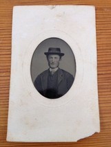 Antique 1800s Tintype Photograph Mans Portrait Mustache Blush Cheeks Bow Tie Hat - £47.95 GBP