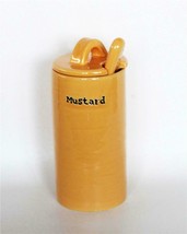 3-Pc Pottery Barn BBQ Embossed Mustard Condiment Tall Jar Lid Spoon - $13.99