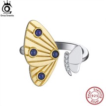 Natural Lapis Lazuli Genuine 925 Silver Ring Rhodium&amp;14K Gold Plated Butterfly R - £24.04 GBP