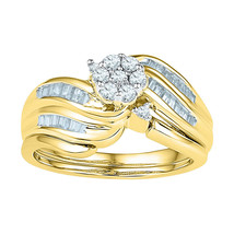 10kt Yellow Gold Diamond Flower Cluster Bridal Wedding Engagement Ring Band Set - £510.69 GBP