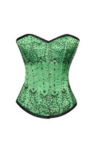 Green Satin Black Sequins Gothic Burlesque Bustier Overbust Corset Costume - £68.14 GBP