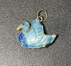 Vintage Cloisonné Blue Swan Puffy Double Sided Gold Tone Pendant - $59.40