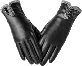 Womens Leather Gloves Fashion Cute, Gloves for Women PU Warm Wool (Black... - £12.18 GBP