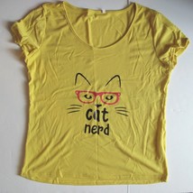 Women&#39;s T-Shirt Yellow Cat with Glasses &amp; &quot;Cat Nerd&quot; Print Size Medium - $6.92
