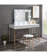 Ottey Vanity Desk , White High Gloss &amp; Gold Finish - $374.00