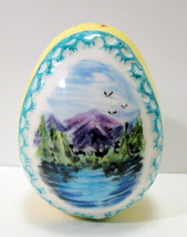 Vintage Hand Painted Ceramic Egg Yellow Aqua Mountain Landscape Signed Pat - £12.76 GBP