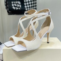 Luxury Pearl Gladiator Sandals Woman Open Cross Strap High Heels Pumps W... - £135.38 GBP