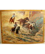 ORIGINAL OOAK Karen Bonnie Oil on Canvas Painting Western Horses w/ Wood Frame - $6,435.00