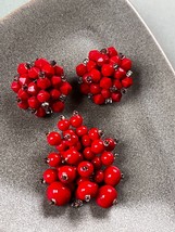 Vintage Lot of Bright Red Bead w Tiny Clear Cluster Dress or Shoe Clip &amp;... - $19.42