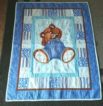 Teddy Bear Quilt Crib Comforter Baby Blanket Lap Blue Handmade USA Nice! - £26.16 GBP