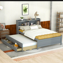 Full Size Bed with USB &amp; Type-C Ports, LED light, Bookcase Headboard - Grey - £371.78 GBP