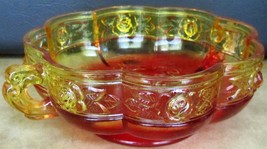 Vintage Orange Red Amberina Double Handle Scalloped Bowl J EAN Nette Aztec Rose - £9.29 GBP