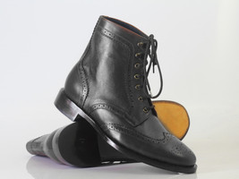 Handmade Men&#39;s Ankle High Black Leather Boots, Men Wing Tip Brogue Fashion Boots - £127.88 GBP+
