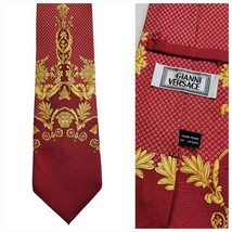 Vintage 90s Gianni Versace Italy Medusa Motif Red &amp; Yellow Silk Tie  - $183.15